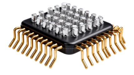 Digital Circuit Board: A macro view of a intricate digital circuit board with its shiny golden pins showcasing the heart of modern technological advancement. 