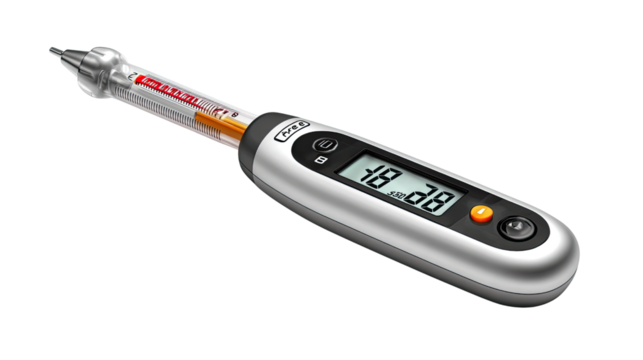 Digital Thermometer: a detailed image captures a sleek and modern digital thermometer, showcasing its design, features, and precision. A close up view