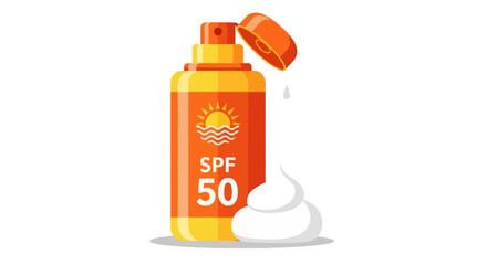 An illustration of an orange SPF 50 sunscreen spray bottle with its cap open, dispensing white lotion foam.