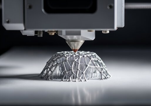 Close-up of a 3D printer manufacturing a complex metal lattice structure. Advanced additive manufacturing technology for innovative designs and prototypes.