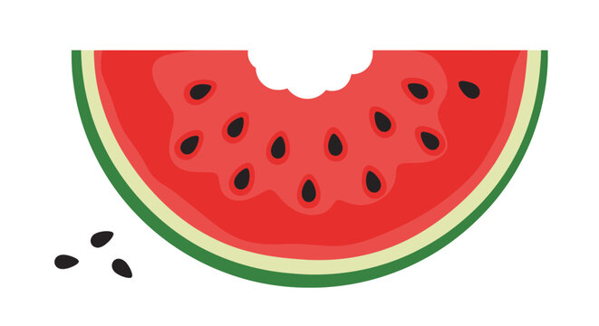 A vibrant vector illustration of a juicy red watermelon slice with a green rind and a bite taken out of it.