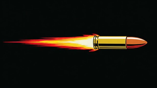 Golden bullet in motion with flames on a black background