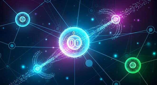 Dynamic digital network with glowing spheres and binary code, perfect for data visualization and technology concepts