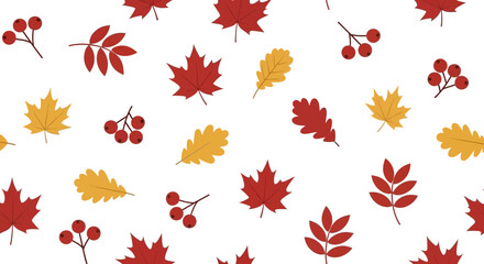 Seamless Autumnal Pattern Featuring Maple Oak Leaves And Berries Scattered On White