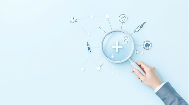 Medical research and development concept with hand holding magnifying glass on icons