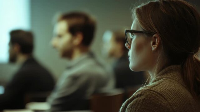 A focused female in classroom, listening to presentation.
