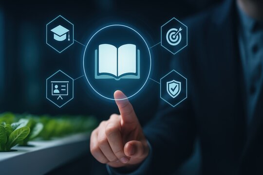 A hand points to a digital book icon surrounded by educational symbols.