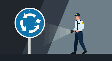 Security Guard Inspecting Road Sign In Dark Road At Night