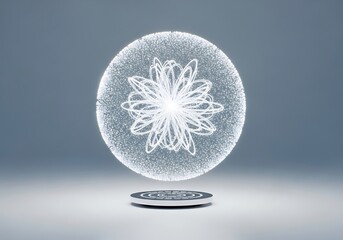 A futuristic abstract luminous orb with intricate white patterns, composed of glowing particles, floating above a modern pedestal. Symbolizes technology, science, and digital concepts.