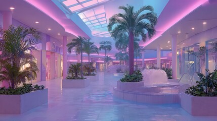 Indoor mall with palm trees and water feature illuminated with pink and blue neon lighting