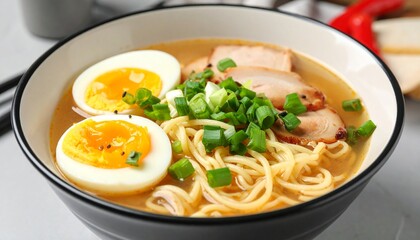 delicious ramen with chopped scallions on table 