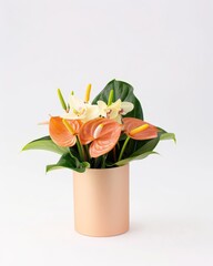 Obraz premium Luxury Floral Bouquet with Elegant Arrangement, A stylish arrangement of colorful flowers in a modern vase on a white background.