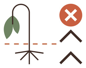 Wilted plant with cut roots, green leaf, red cancel mark, arrow symbols. Ideal for failure, mistake, growth, agriculture challenge bad decision rejection learning. Simple flat metaphor