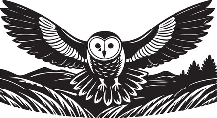 Flying tribal eagle owl vector illustration with wings spread
