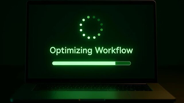 Optimizing workflow laptop screen with automatic loading bar showing AI task progress and system progress glowing green light