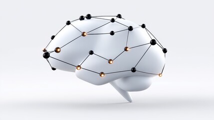 A stylized white brain model interconnected with black and glowing nodes.