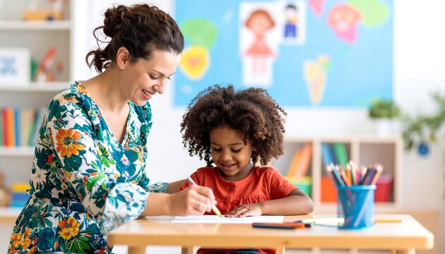 A teacher assists a young student with a drawing activity in a brightly lit classroom