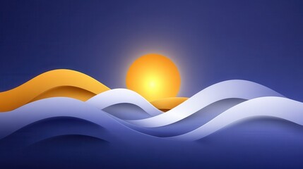 An abstract sunset with golden sun creating soft waves in blue and white hues.