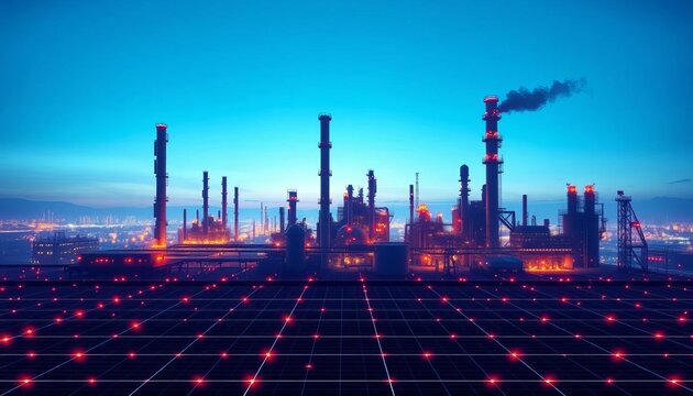 Futuristic refinery silhouette overlaid on energy grid, vibrant colors,   connection,  gas