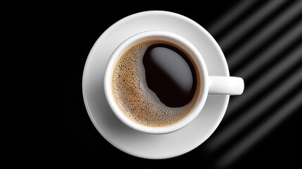 Obraz premium A close-up top view of a steaming cup of black coffee on a dark background.