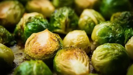 Delicious roasted brussels sprouts closeup in the kitchen, healthy eating and gourmet cooking