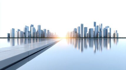 Obraz premium Modern city skyline reflecting in water at sunset, showcasing sleek architecture.