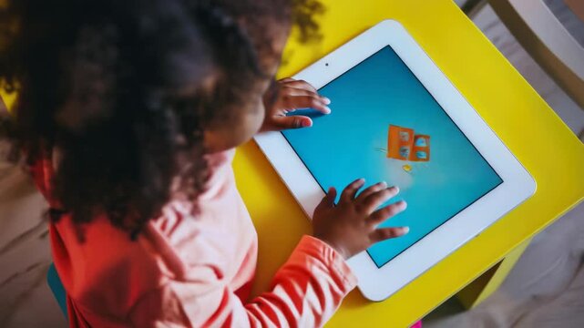 A young child, likely a toddler or young girl, is interacting with an educational application on a tablet. The content appears to be focused on learning and early cognitive development.
