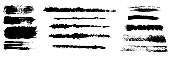 Collection of vector paint brush stroke, ink splatter, grunge line and artistic design elements. Dirty overlay, watercolor splash, black silhouette and torn paper set. Social media business banner art