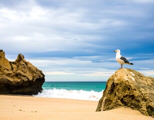 Seagull on a Rock Observing the Blue Horizon at the Shoreline Landscape