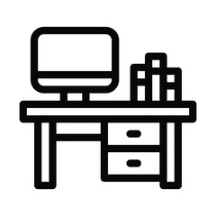 A black and white line drawing of a desk with a computer and books, web icons in line style. Editable stroke