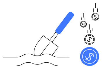 Shovel digging into the ground, coins falling, and a dollar emblem suggesting financial effort, investment, and returns. Ideal for finance, economy, growth, effort wealth savings investment