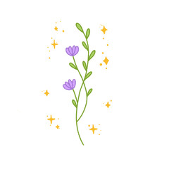 Hand Drawn Cute Purple Floral Sprig with Sparkle Clipart Vector