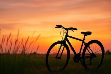 Fototapeta premium Silhouette of a bicycle at sunset over a field.