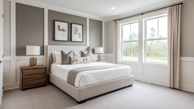 Exquisite master suite showcasing a harmonious blend of light and dark tones creating a tranquil and relaxing retreat The space features a modern minimalist design with a focus on clean lines