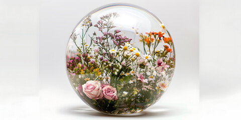 Glass sphere with vibrant pink roses and orange lilies inside

