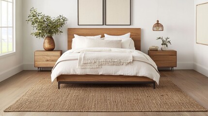 Cozy and Inviting Bedroom Design with Layered Area Rugs Wooden Furniture and Minimal Decor for a Serene and Welcoming Atmosphere