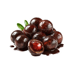 Obraz premium Delicious Chocolate Covered Macadamia Nuts with Leaf Garnish