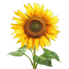 Obraz premium Close-up of a vibrant sunflower. Bright yellow petals radiate from a dark brown center. Green leaves frame the flower's stem