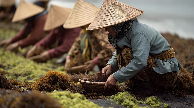 Farmers harvesting seaweed in rural Vietnam