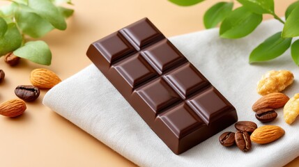 Delicious dark chocolate bar with nuts and coffee beans on a soft surface.