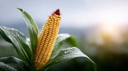 Fototapeta premium Ripe yellow corn cob with dew drops on green leaves soft light background