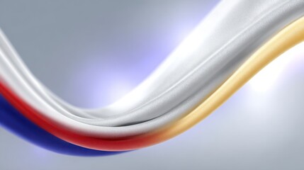 Flowing textured fabric ribbons in blue red white and gold against a soft gradient background