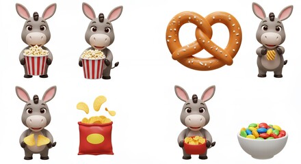Naklejka premium Cartoon donkey characters enjoying snacks