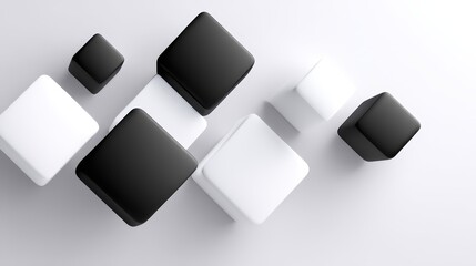 Abstract arrangement of black and white cubes on a minimalist background.
