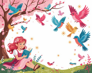 Obraz premium Whimsical illustration of a girl reading a magic book as birds fly into a spring sky