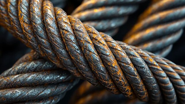 Close-up of intertwined rusty steel cables showcasing textured metallic surface