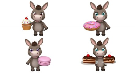Naklejka premium Cartoon donkeys holding sweet treats