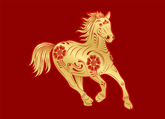 Fototapeta premium Horse running with a unique floral pattern gold isolated on red background for card design print media. Traditional chinese zodiac sign. Lunar calendar animal Year of the horse. Vector.