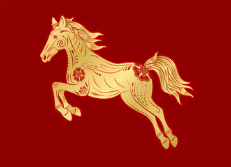 Jumping horse with a unique floral pattern gold isolated on red background for card design print media or festival. Traditional chinese zodiac sign. Lunar calendar animal Year of the horse. Vector.