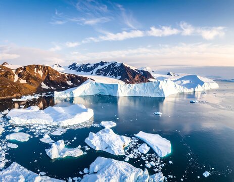 Aerial view of glacial landscape, icebergs floating in calm waters near mountainous land